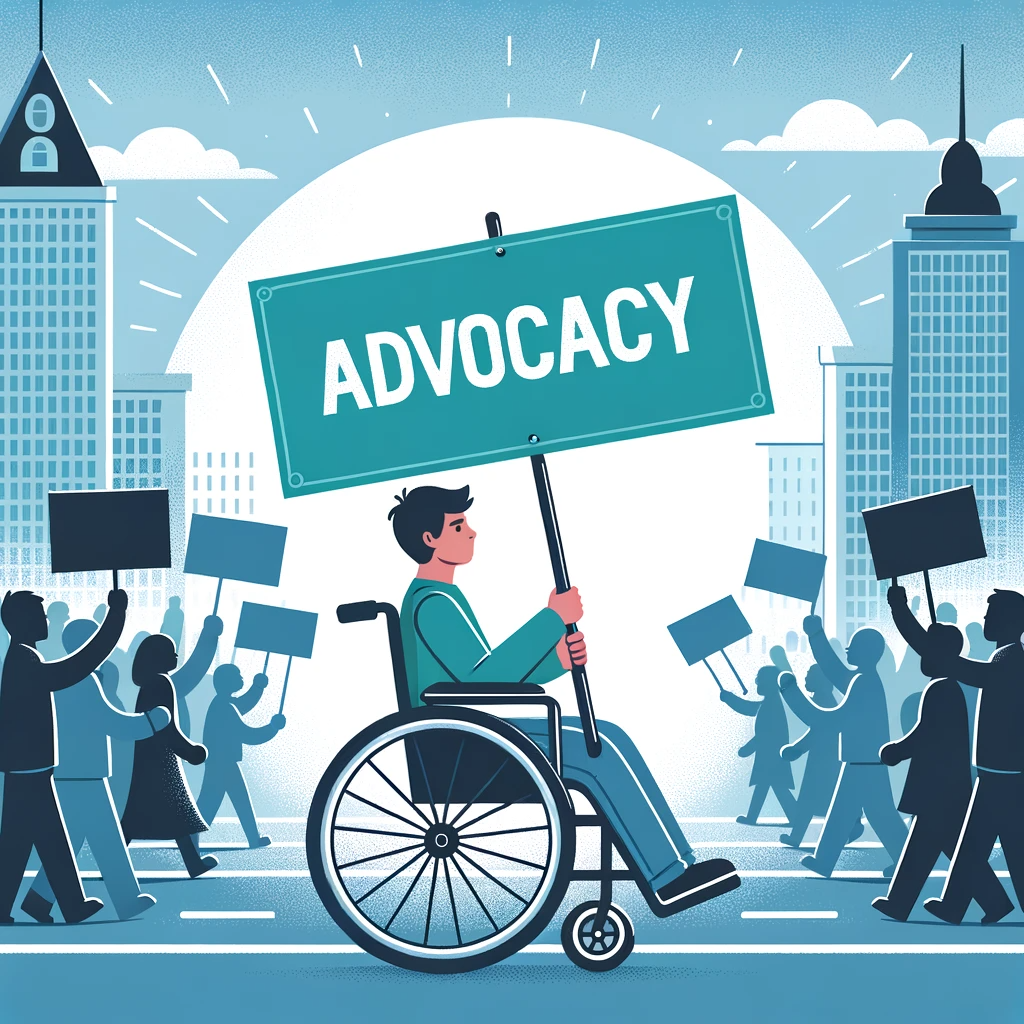 Vector design of a person in a wheelchair at the forefront of a protest march, holding a banner that reads 'ADVOCACY'. The background showcases a cityscape with demonstrators in support.