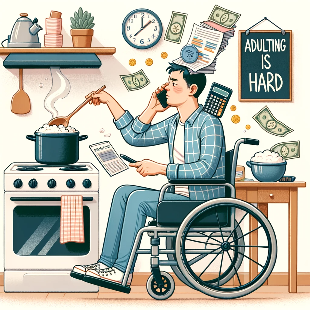 Illustration of a man in a wheelchair in his apartment, juggling tasks like cooking, with a pot on the stove, managing finances with bills and a calculator on the table, and a phone wedged between his shoulder and ear, signaling a busy life. The scene is whimsical yet relatable, with an 'Adulting is Hard' poster on the wall, capturing the essence of managing adult responsibilities.